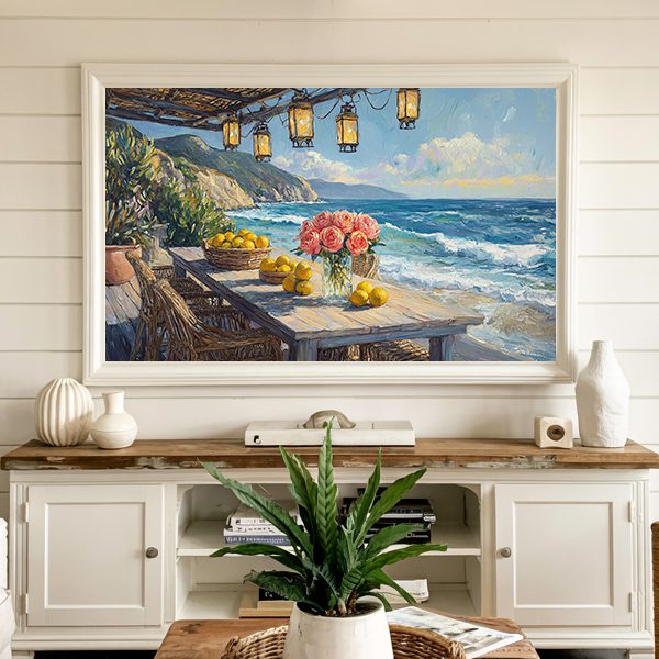coastal dining at sunset tv art