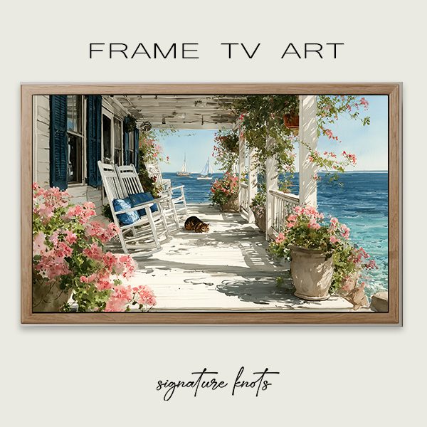 coastal porch with cat tv art