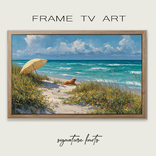 golden retriever on beach tv art