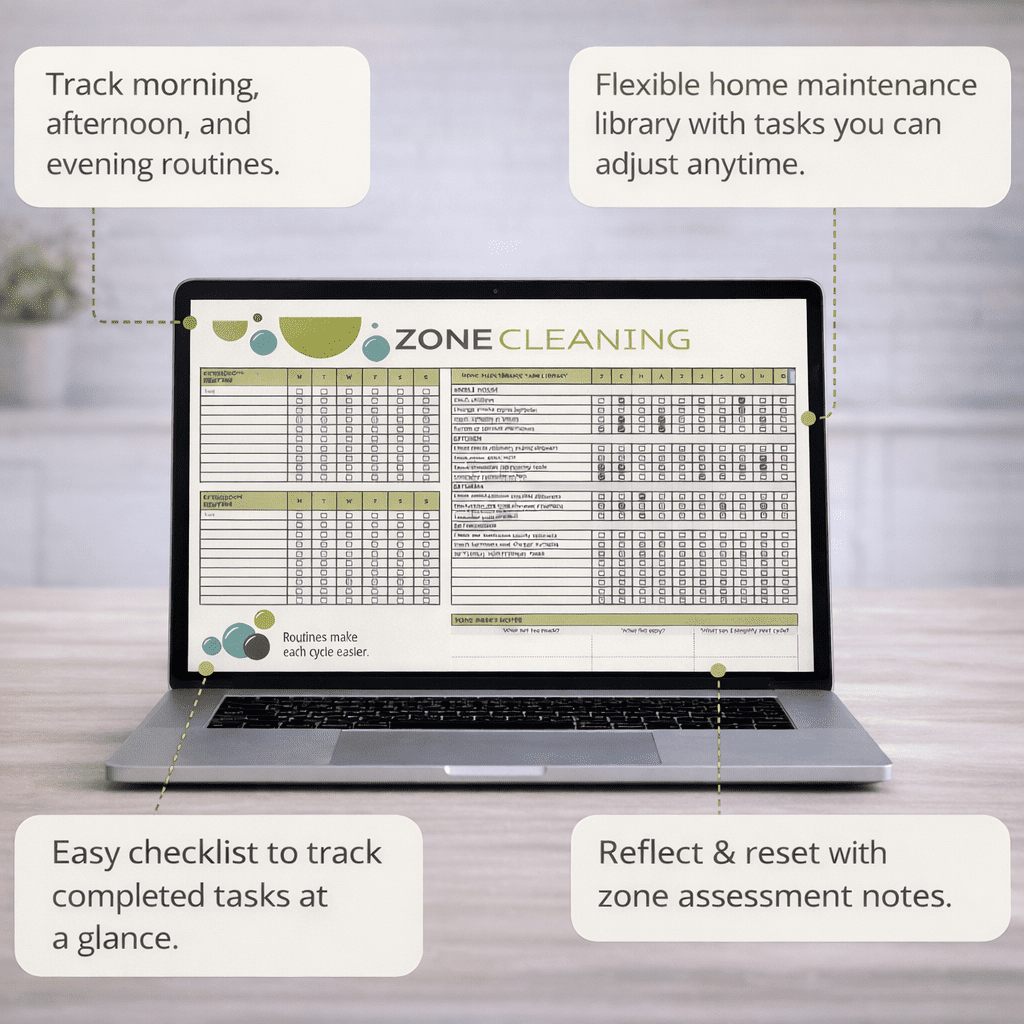 Laptop displaying the lower section of a Google Sheets zone cleaning planner with daily routines, a home maintenance task library, monthly checklists, and callout annotations.
