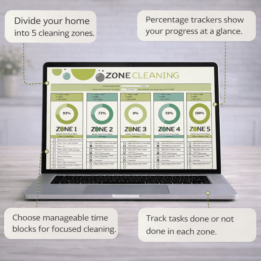 Laptop showing the top section of a Google Sheets zone cleaning planner with five zones, circular progress trackers, weekly task lists, and callout labels highlighting key features.