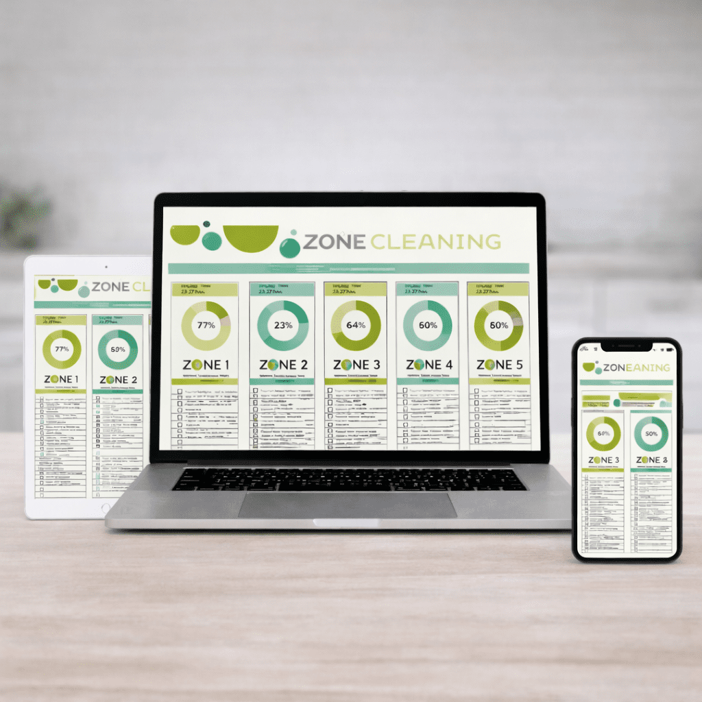 Zone Cleaning Planner displayed in Google Sheets on a laptop, tablet, and smartphone, showing five cleaning zones with progress charts and task lists.