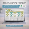 Zone Cleaning Planner displayed on a laptop using Google Sheets, featuring five cleaning zones with progress trackers, a Google Sheets system banner, and an instant download label.